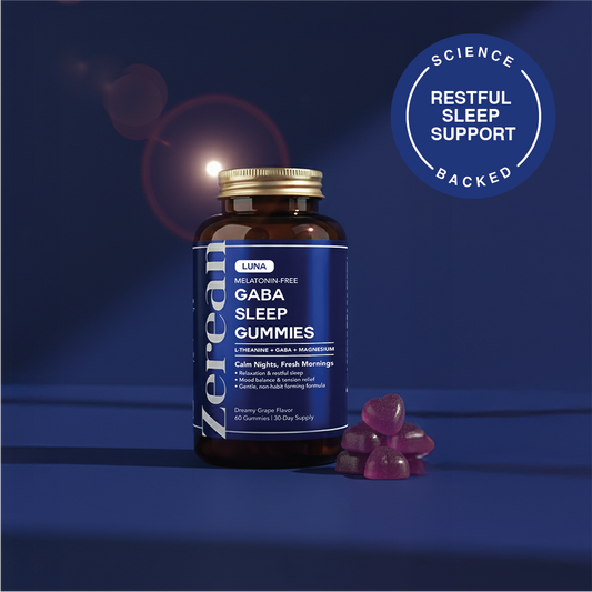 Zerean Luna bottle on a blue background — GABA and L-theanine gummies for the evening wind-down.