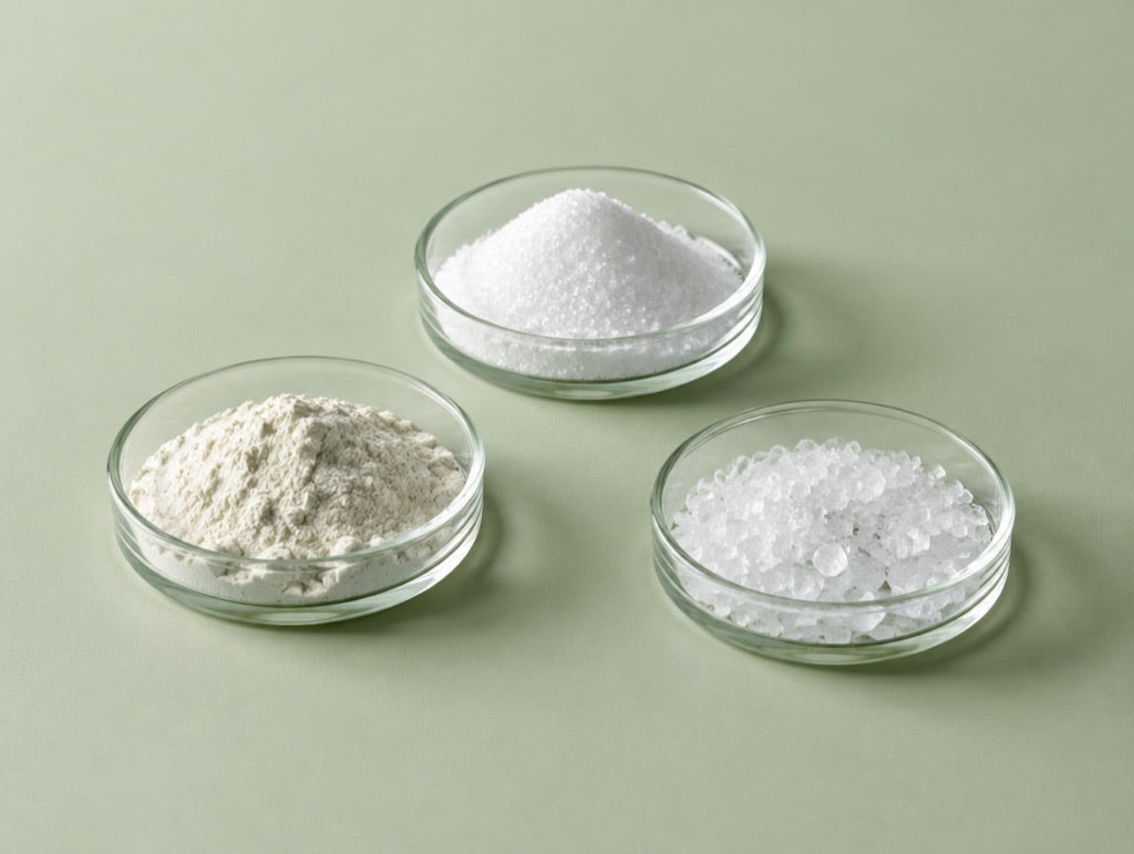 Three glass dishes of white powders and crystals